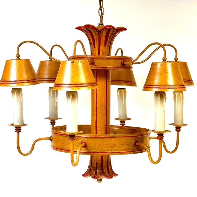 Mid 20th Century Hollywood Regency Ochre Japanned Faux Bamboo Tole Six-Light Chandelier For Sale - Image 10 of 18