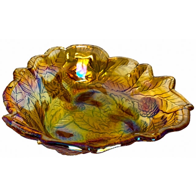 Vintage Iridescent Amber Carnival Glass Grape & Leaf Ruffled Bowl 7.75" Floral For Sale - Image 9 of 10