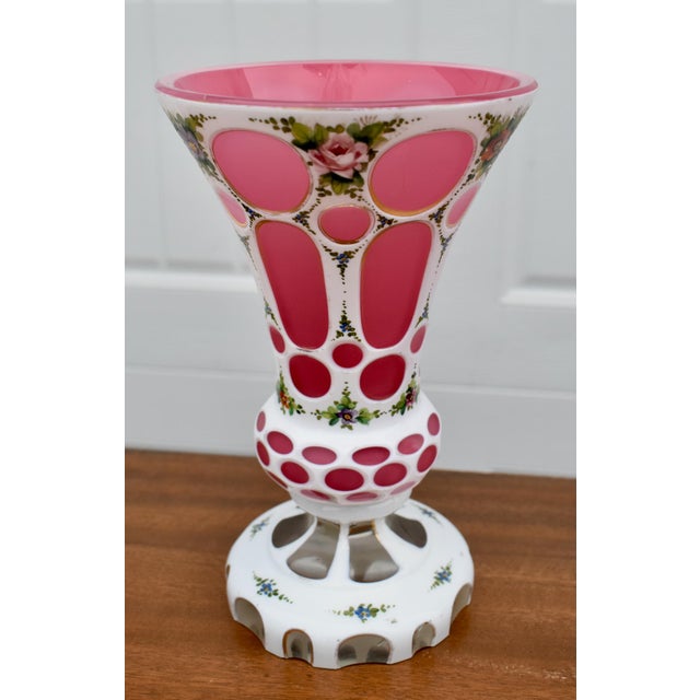 Vintage Pair of Moser? Bohemian Cased Glass Cranberry & White Hand Painted Vases For Sale - Image 9 of 13
