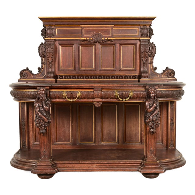 R. J. Horner Renaissance Revival Ornate Carved Oak Sideboard or Bar Cabinet, Circa 1880s For Sale