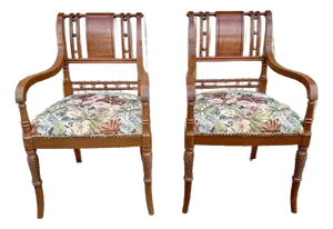 Late 20th Century Pair of Vintage Regency Style Solid Wood Upholstered Armchairs.