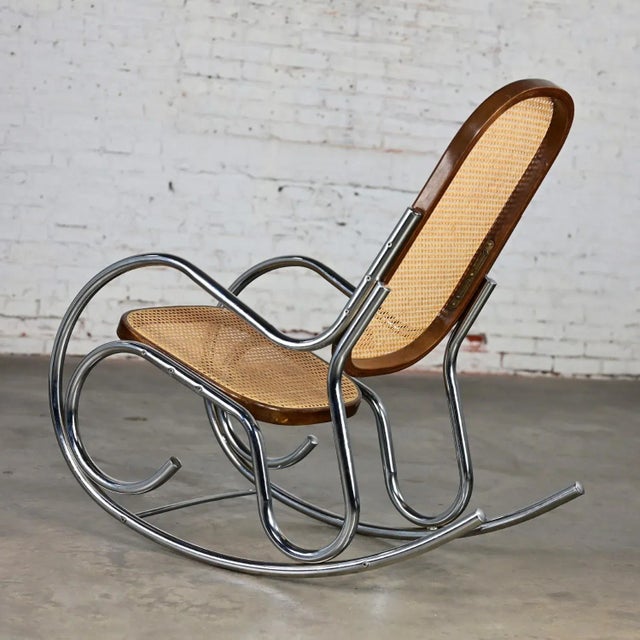 1970’s Bauhaus Style Chrome Tube Bentwood & Cane Rocking Chair or Rocker For Sale - Image 6 of 12