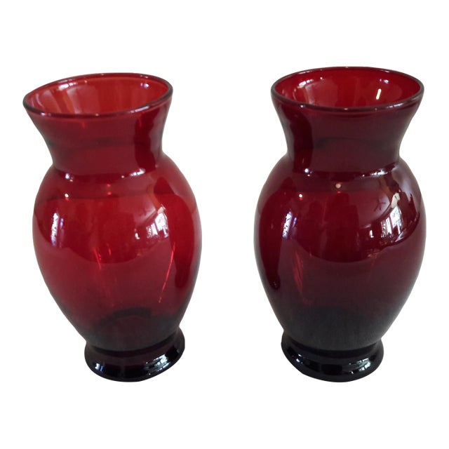 1950s Vintage Red Ruby Curved Glass Vases- Set of 2 For Sale