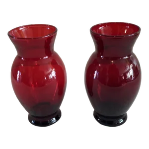1950s Vintage Red Ruby Curved Glass Vases- Set of 2