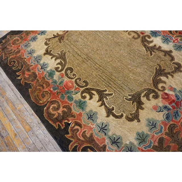 Beautiful Brown Color With Intricate Folk Art Pattern Antique American Hooked Rug For Sale In New York - Image 6 of 12
