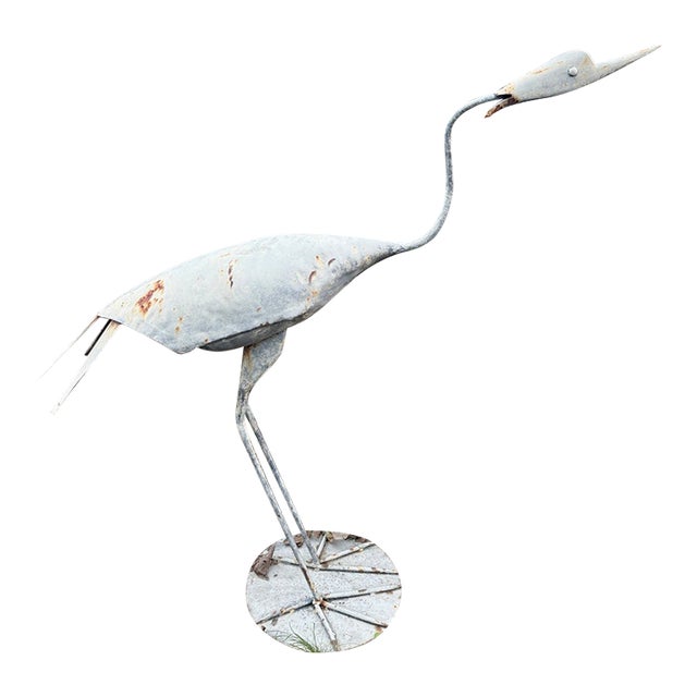 Vintage Handcrafted Meta & Iron Crane Heron Garden Sculpture 46” Tall For Sale