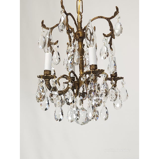 Brass Antique 4 Arm 4 Light Lovely Lavish Brass Cut Lead Glass Crystal Chandelier For Sale - Image 8 of 12