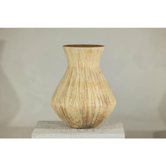 Large Artisan Ceramic Vase with Textured Drip Glaze and Flared Neck For Sale - Image 4 of 18