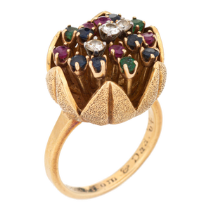 Vintage 1960s Diamond Gemstone Tulip 18k Yellow Gold Ring Size 5.5