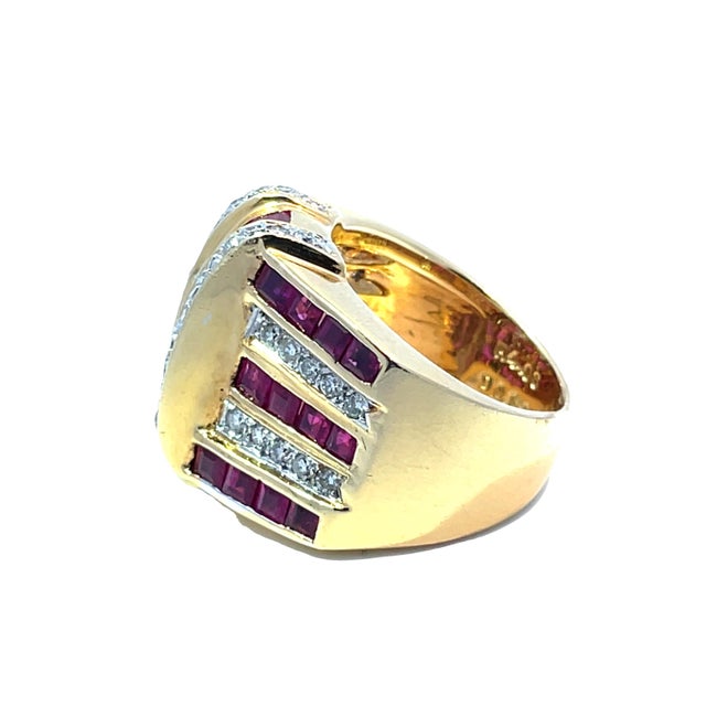 Bold 18k Yellow Gold Ruby and Diamond Ring, Size 6.5 For Sale - Image 4 of 6