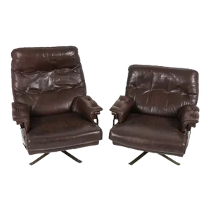 1970s Mid Century Modern Brown Leather Armchairs Danish Swivel Armchairs Attributed Arne Norell- Set of 2