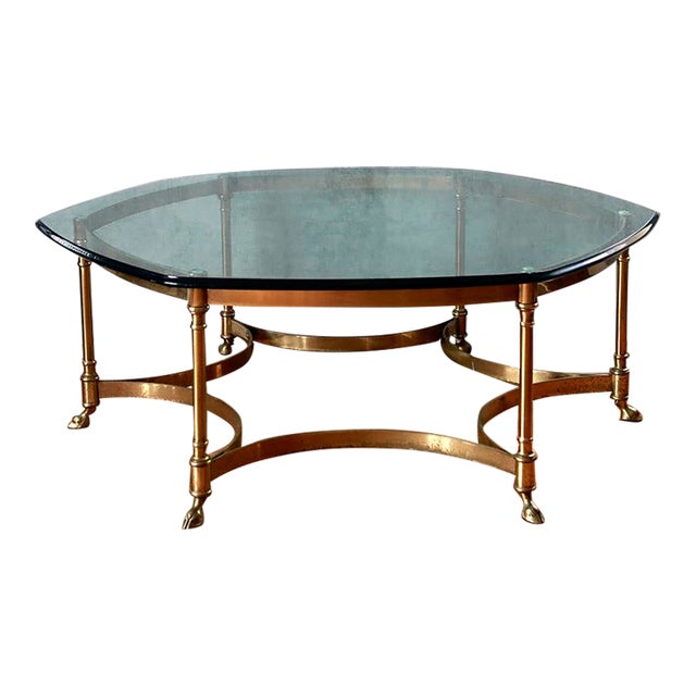 1960s Hollywood Regency Brass Hoof Base With Hexagonal Glass Cocktail Table For Sale