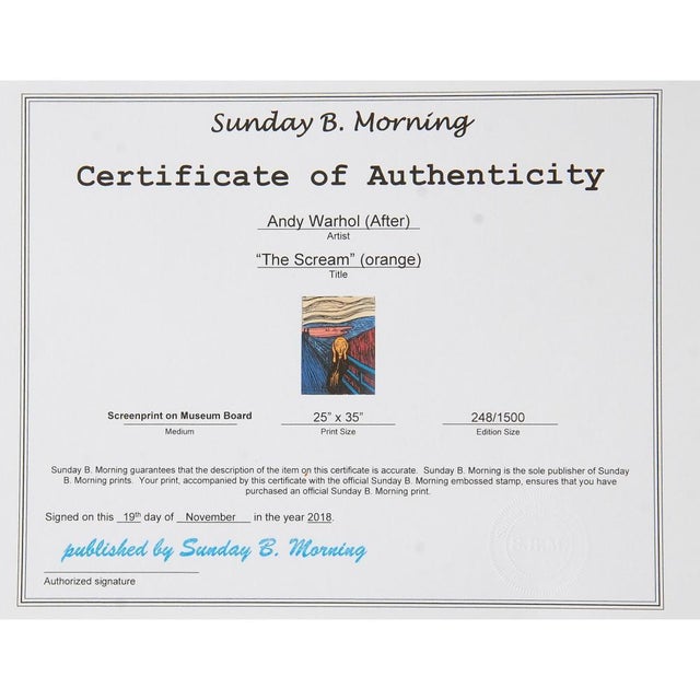 Andy Warhol "The Scream" by Edvard Munch lithograph in orange. Unframed: 89x63,5 cm. Numerated 248/1500. Without a frame...