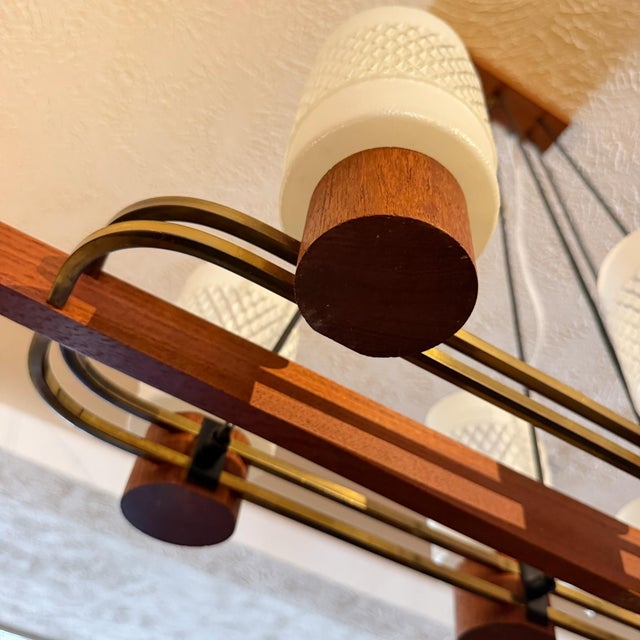 Mid-Century Modern Mid 20th Century Danish Modern Teak & Brass 6-Light Chandelier With Textured Glass Shades For Sale - Image 3 of 12