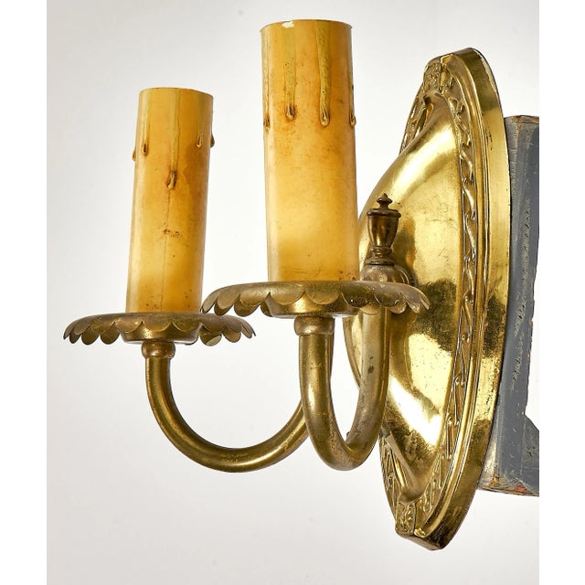 Metal Antique Art Deco Stamped Brass Two Arm Wall Sconce With Twist Knob Switch For Sale - Image 7 of 8