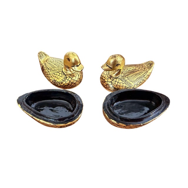 Asian Vintage Burmese Gold Painted Wood Lacquered Ducks Trinket Boxes S/2 For Sale - Image 3 of 8