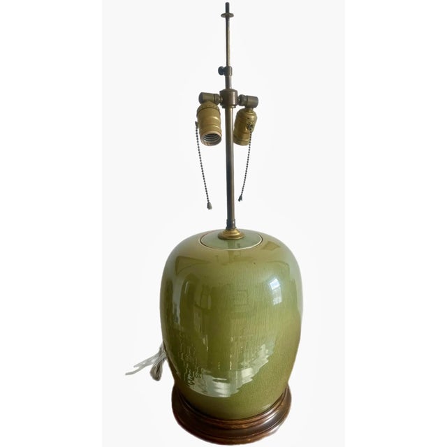 Mid 20th Century Antique Celadon Ginger Jar Two Light Lamp For Sale - Image 5 of 8