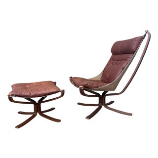 Falcon Chair & Ottoman by Sigurd Ressell 1970s Brown Leather Bentwood Frame For Sale