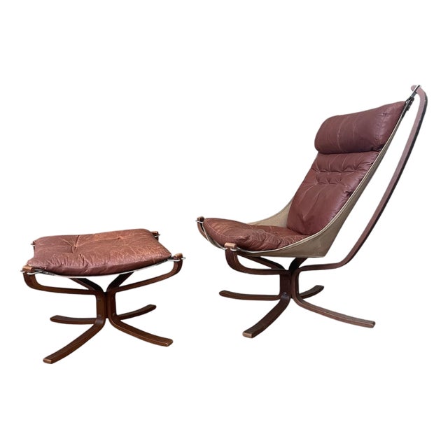 Falcon Chair & Ottoman by Sigurd Ressell 1970s Brown Leather Bentwood Frame For Sale
