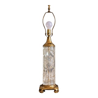 Mid-20th Century Signed Dresden German Cut Crystal & Brass Hollywood Regency Table Lamp For Sale