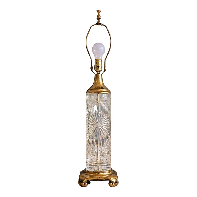 Mid-20th Century Signed Dresden German Cut Crystal & Brass Hollywood Regency Table Lamp For Sale