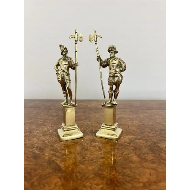 Pair of antique Victorian quality brass figures of cavaliers having a pair of cavaliers standing on brass pedestals...