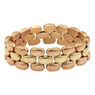 Retro 18k Rose & Yellow Gold 3 Rows Panther Link 18mm Wide Bracelet For Sale