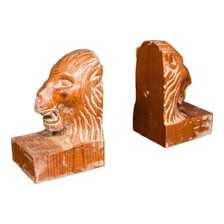 Pair of Antique Carved Lion Bookends, English Pine, Georgian Revival, Edwardian For Sale