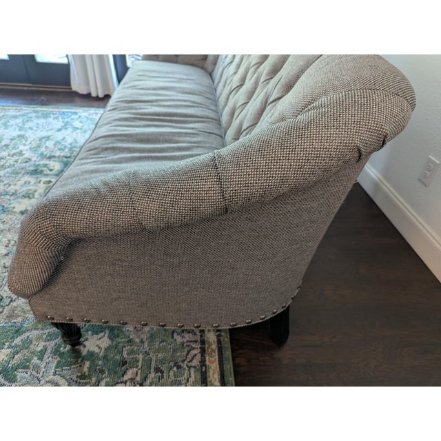 English Custom Tufted Designer Sofa in Duralee C&c Pewter Upholstery For Sale - Image 3 of 18