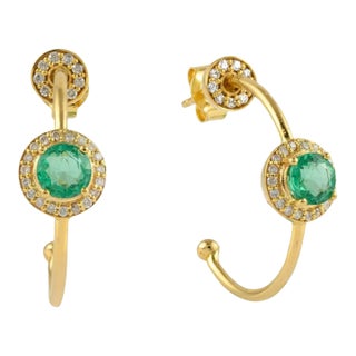 14k Gold Genuine Emerald Diamond Halo C-Hoop Wedding Earrings Gift- A Pair For Sale