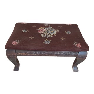 Early 20th Century Petite Needlepoint Carved Wood Footstool For Sale