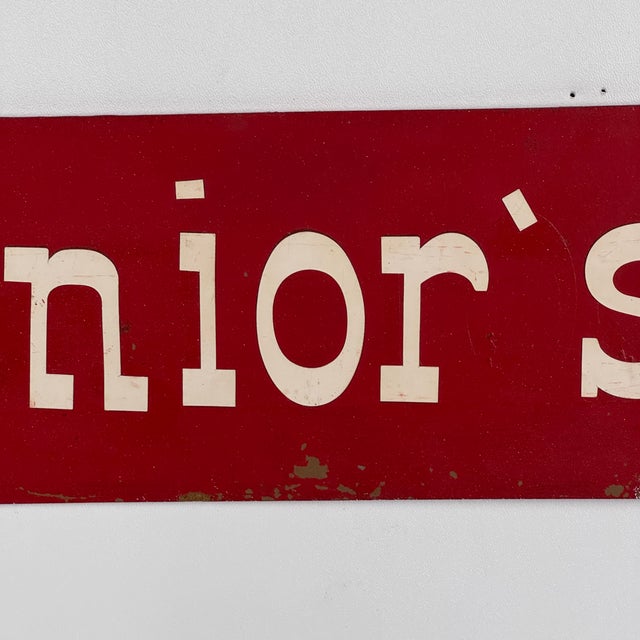 American Vintage "Junior's" Rectangular Wall Sign in Firetruck Red With White Font For Sale - Image 3 of 6