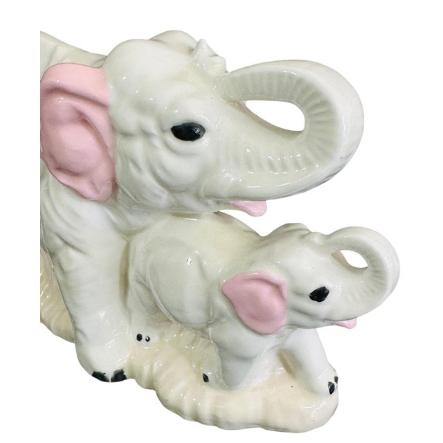 1970s Vintage 1970s Ceramic Elephant Mother & Baby Figurine | Lucky Trunks Up Decor | White & Pink Porcelain Collectible | Mid Century Animal Statue For Sale - Image 5 of 11