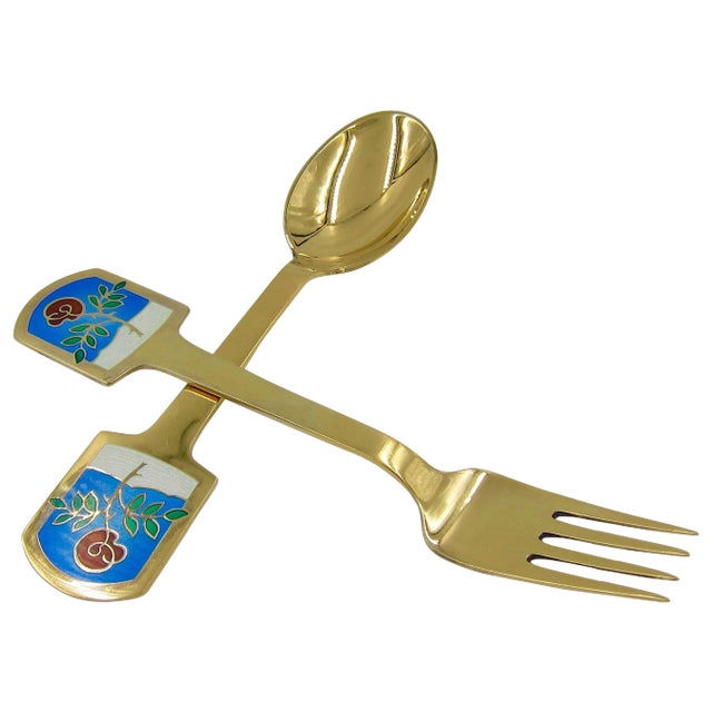 1977 Gilt Silver and Enamel Christmas Fork and Spoon by Poul Hanmann for Anton Michelsen For Sale