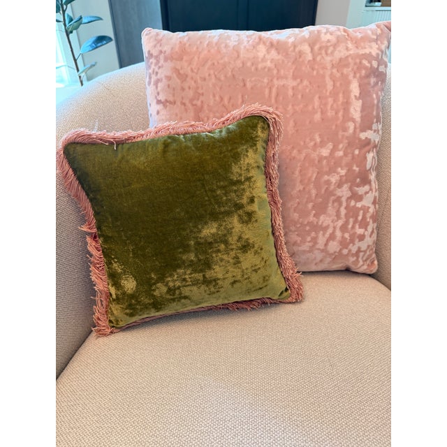 Olive Anke Drechsel Olive Green Silk Velvet Pillow With Blush Fringe Trim For Sale - Image 8 of 8