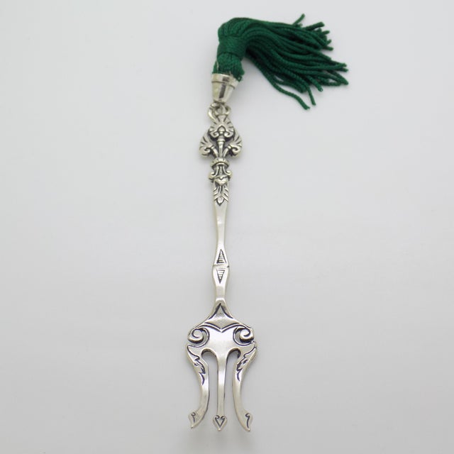 Vintage Italian Handmade Genuine Silver Decorative Dessert Fork With Tassel For Sale - Image 4 of 10
