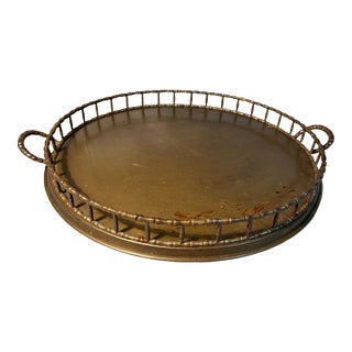 Brass Faux Bamboo Tray 20” Round Hollywood Regency C1950 Gallery With 2 Handles For Sale