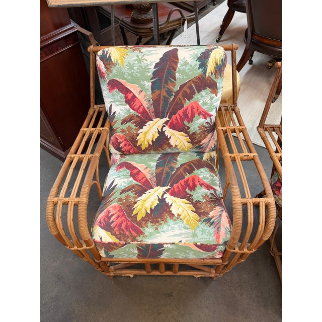 Pair of Mid-Century Rattan Lounge Chairs With Tropical Botanical Upholstery For Sale - Image 9 of 11