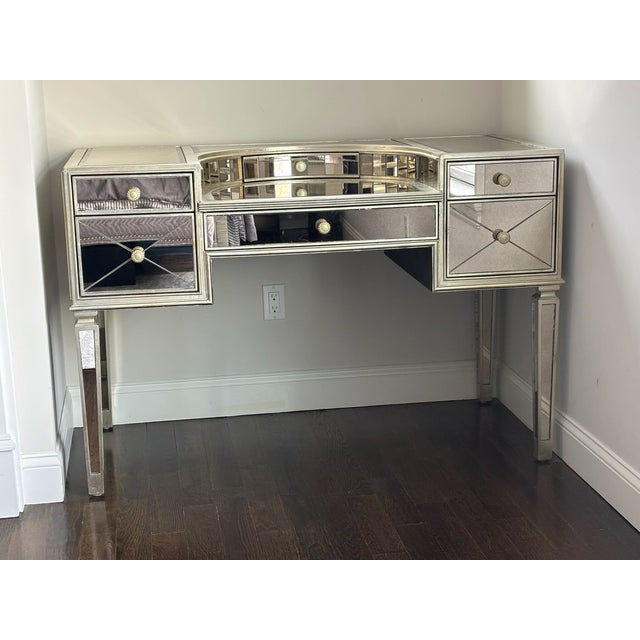 Contemporary Mirrored Vanity Desk With Antiqued Glass and Brass Hardware For Sale - Image 3 of 7
