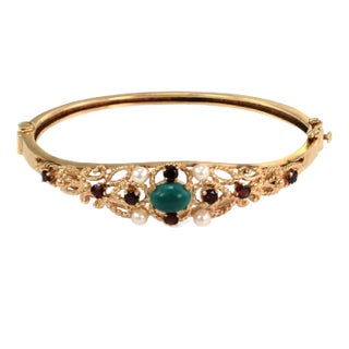 Pearls Turquoise Garnets 14k Yellow Gold Bangle Bracelet For Sale