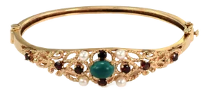 Pearls Turquoise Garnets 14k Yellow Gold Bangle Bracelet
