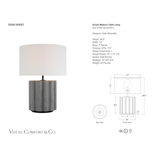 Kelly Wearstler by Visual Comfort Signature Scioto Medium Table Lamp in Oyster Stained Concrete with Linen Shade Designer:...
