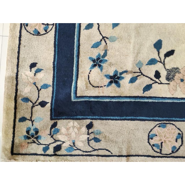 1930s White Cream Foliate Antique Chinese Peking Rug 8'2" X 9'9" Hand Knotted Wool Carpet For Sale - Image 4 of 4