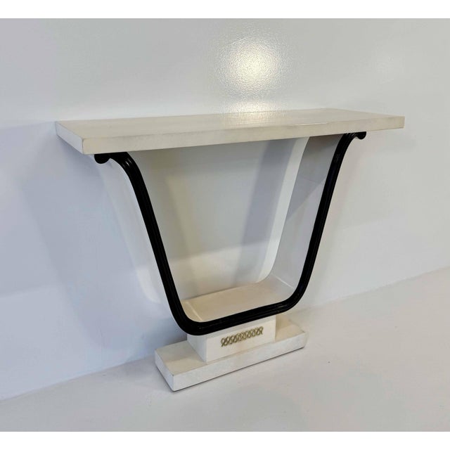 Italian Art Deco Black Parchment and Brass Console in the Style of Osvaldo Borsani, 1940s For Sale - Image 6 of 10
