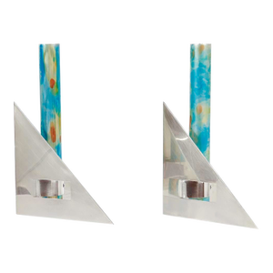Pair Signed Arie Ofir Israeli Sterling Silver & Anodized Aluminum Candlesticks