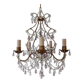 French Beaded Maison Baguès Amethyst & Clear Murano Drops Chandelier 1920s For Sale