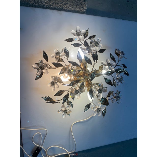 Gilded Tole Crystal Flower Flush Mount, 1970s For Sale - Image 11 of 12