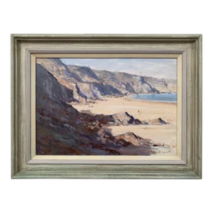 Vintage Oil Painting of Landscape Seascape of the Little Bay in Jersey by British Artist, 1990 Circa