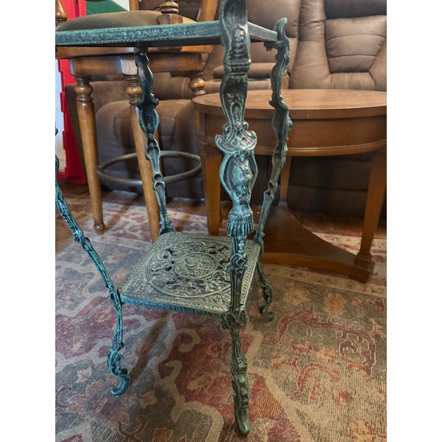 Vintage Aluminum Figural Leg Verdigris Two Tier Plant Stand For Sale - Image 4 of 5