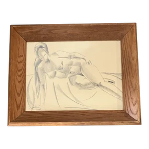 1950’s Original Abstract Cubist Charcoal Female Nude Study Drawing Mid Century Wood Frame